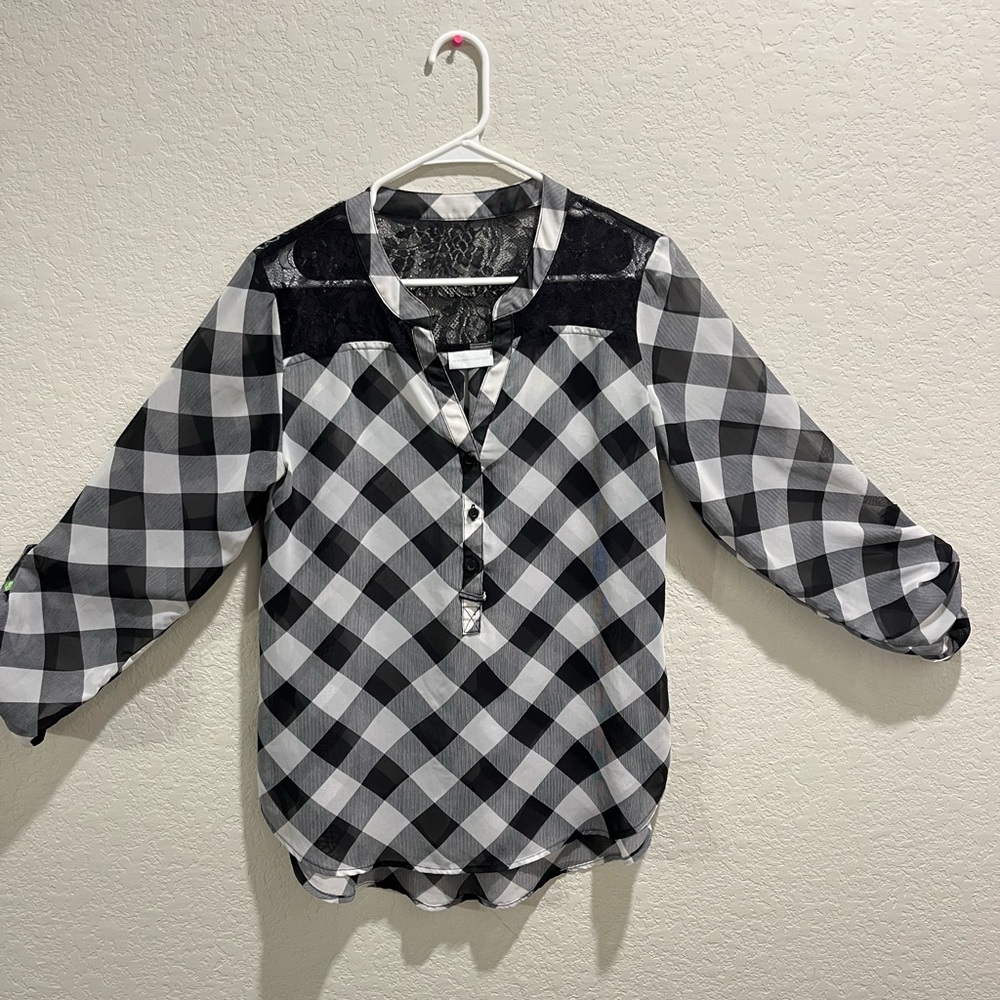 New York & Company Black and White Plaid Blouse